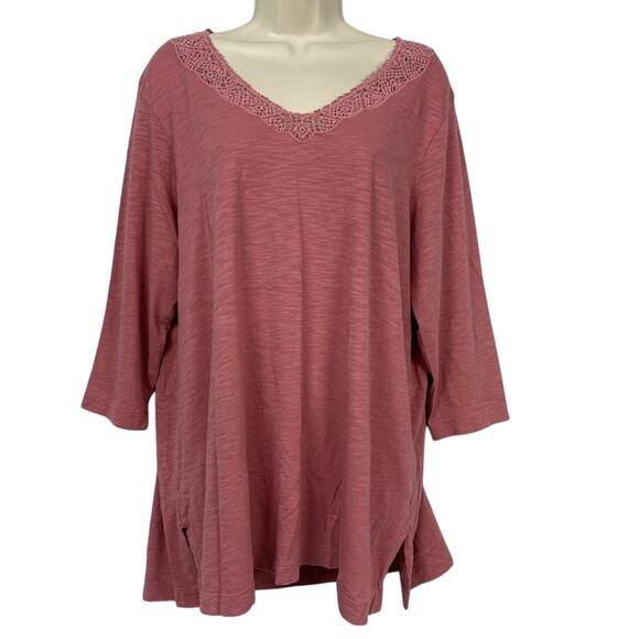 J Jill Tunic Top Womens XL Mauve Pink Crochet Lace V Neck Flowy Slub Knit Casual - Picture 1 of 10